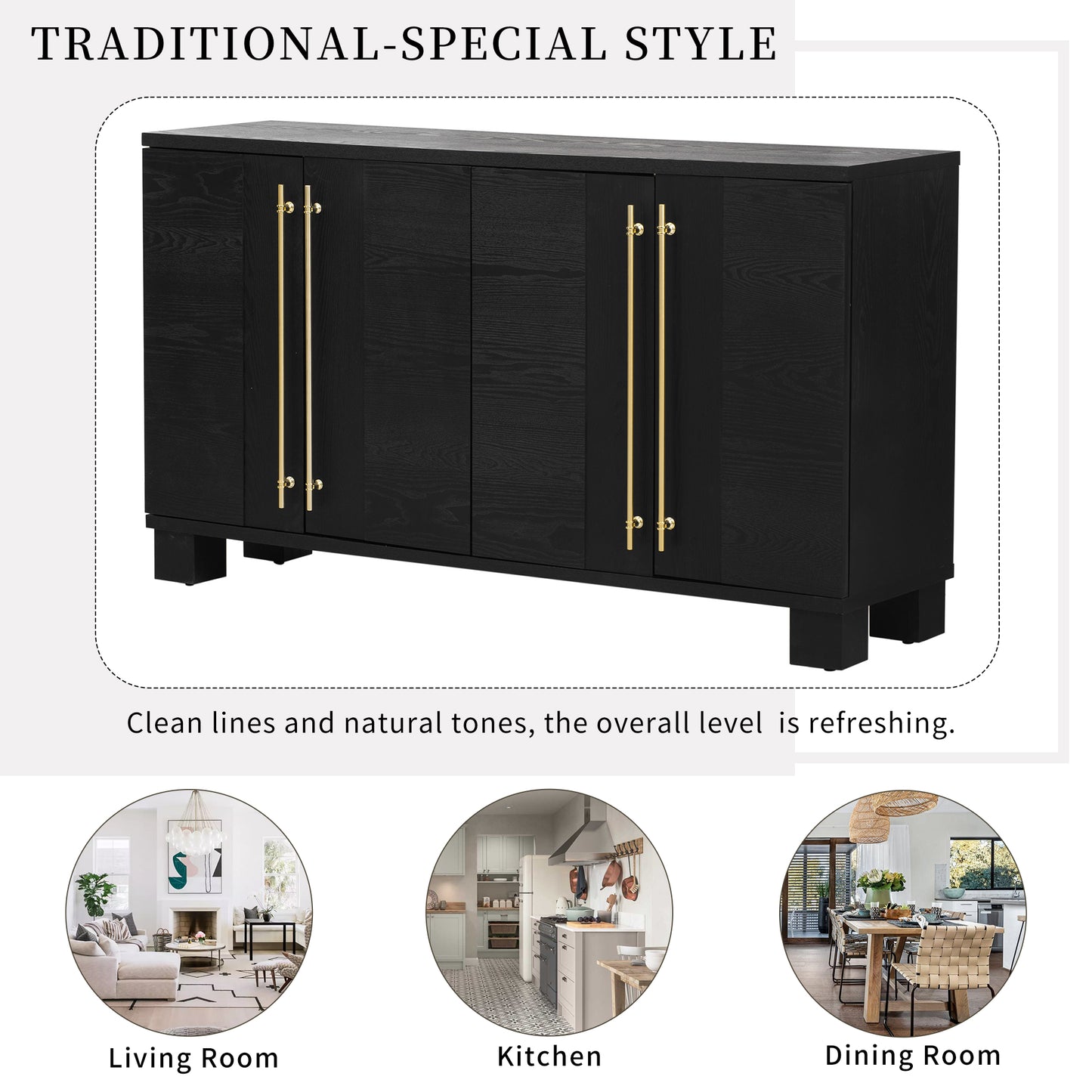 TREXM Sideboard Buffet Cabinet With Storage  Wood Sideboard With Adjustable Shelves And Gold Handles For Kitchen  Dining Room And Living Room  Black