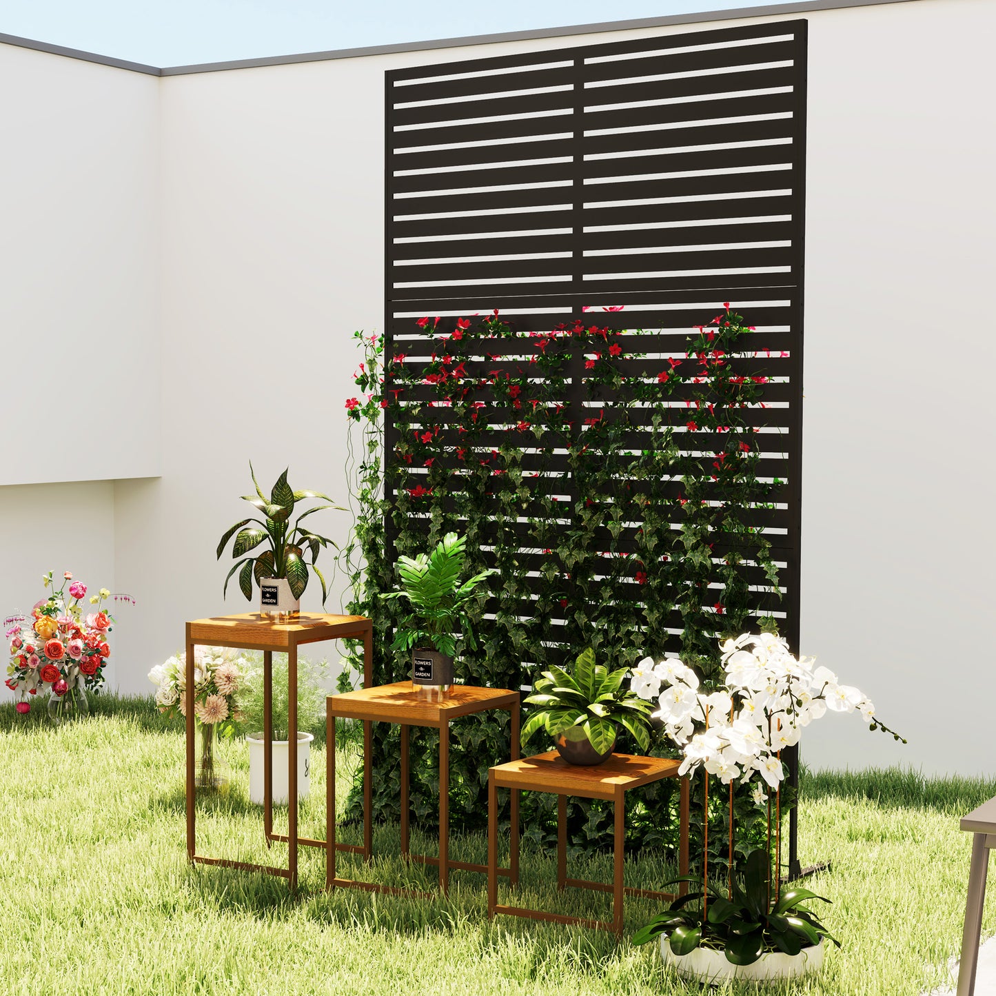 Decorative Privacy Fence Screen, Metal Outdoor Privacy Screen Climbing Plant Trellis with Stand, 78" H x 48" W, Black