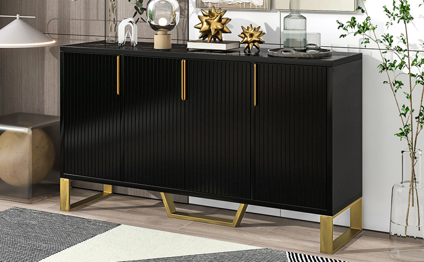 TREXM Modern Sideboard 4 Doors, Metal Handles & Legs, Adjustable Shelves Cabinet