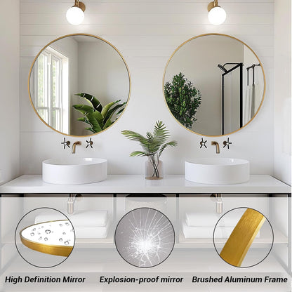 Gold round Mirror, 24 Inch Circle Mirror, Gold Metal Frame, round Wall Mounted Mirrors for Bathroom, Hallway, Living Room, Bedroom.