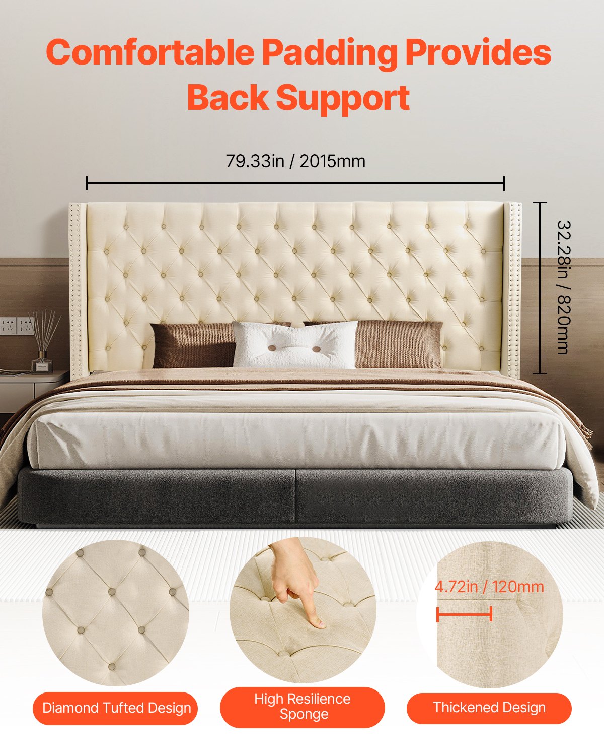Headboard, King Size Headboard With Adjustable Height, Comfortable Diamond Tufted For King Size Bed, W84.1 X H (54.33-60.24) X D 8.27 In, Ideal For Bedroom, Hotel, Homestay, Dormitory, Cream