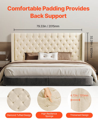 Headboard, King Size Headboard With Adjustable Height, Comfortable Diamond Tufted For King Size Bed, W84.1 X H (54.33-60.24) X D 8.27 In, Ideal For Bedroom, Hotel, Homestay, Dormitory, Cream