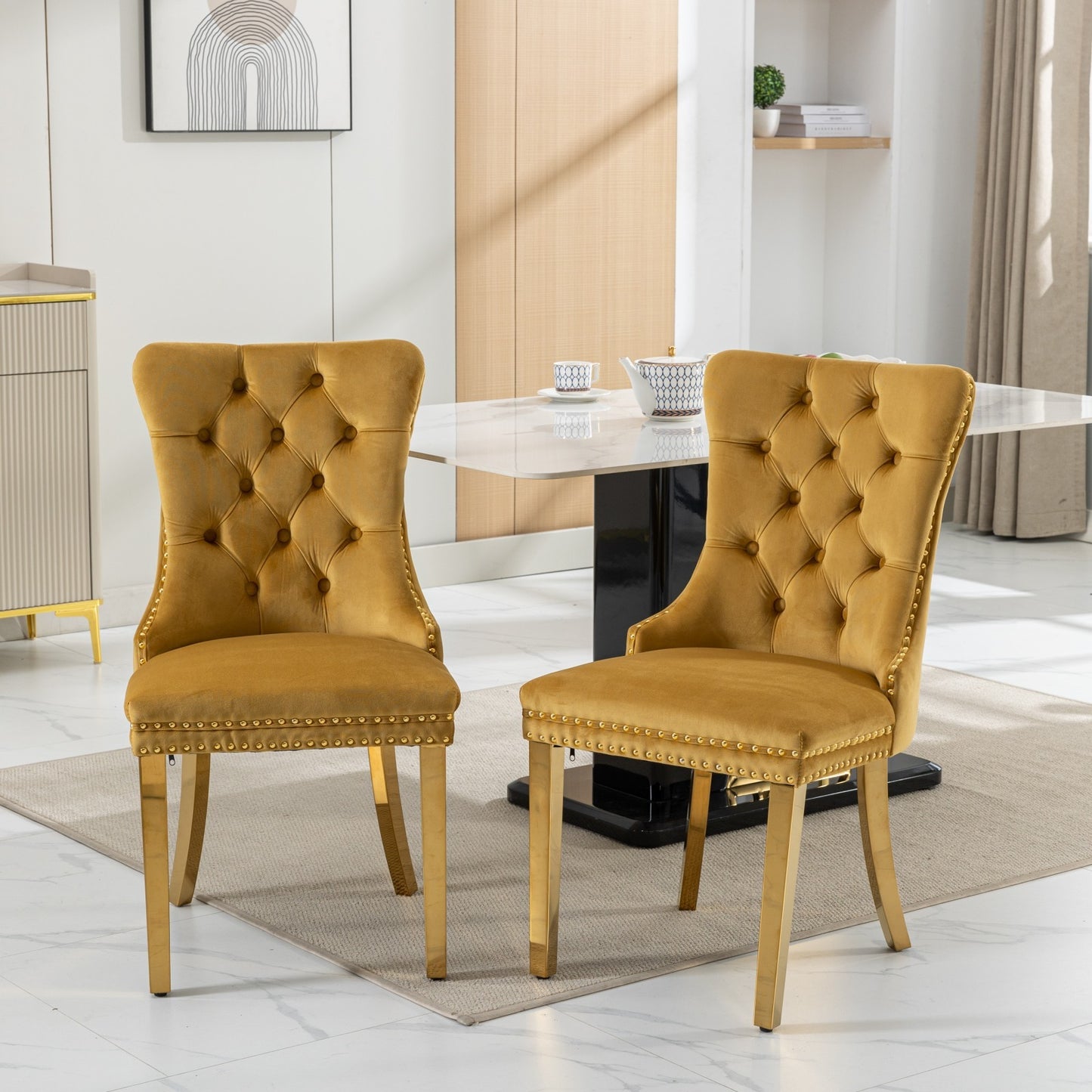 Nikki Modern, High-end Tufted Solid Wood Contemporary Velvet Upholstered Dining Chair With Golden Stainless Steel Plating Legs,Nailhead Trim,Set Of 2,Gold, SW1601GL