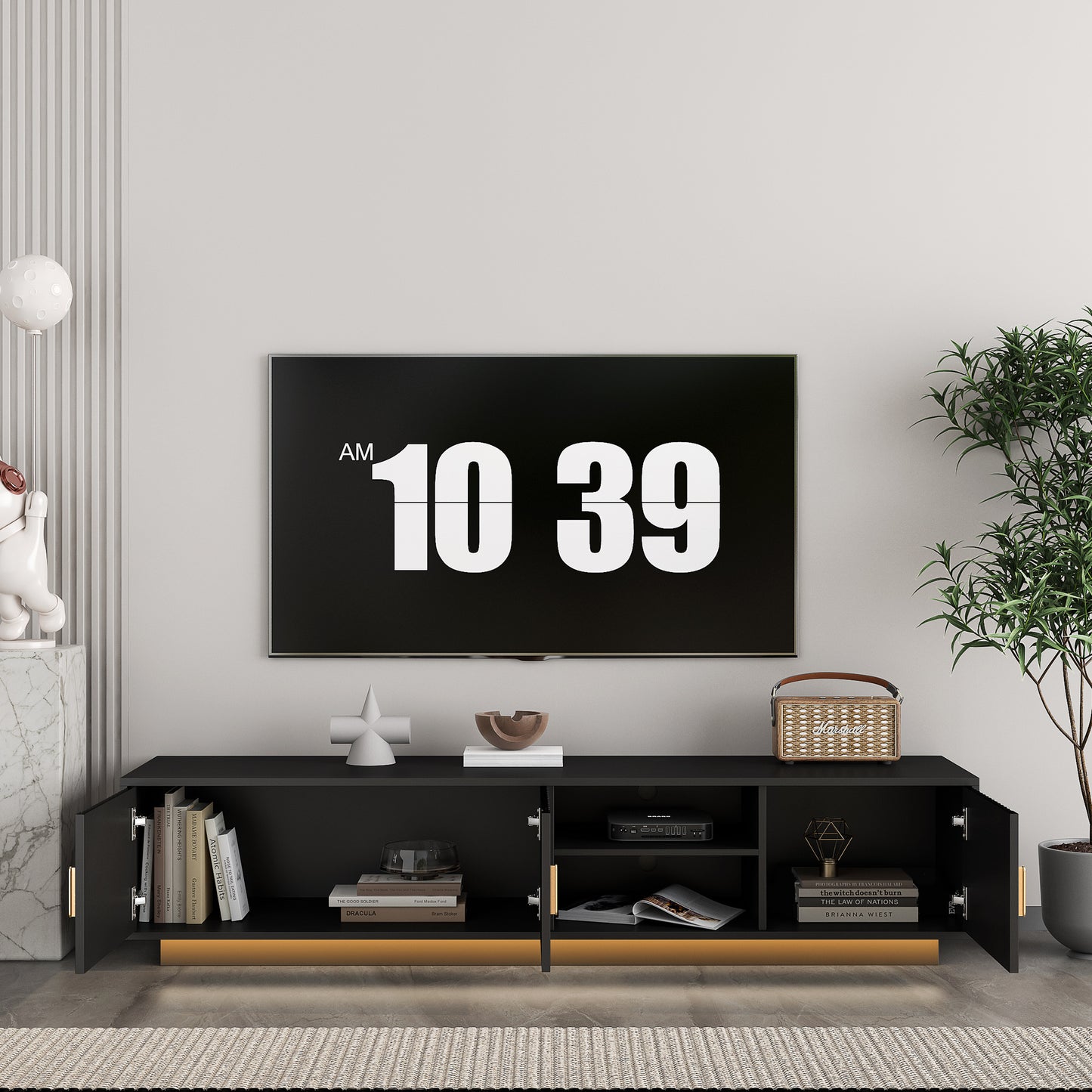 Mid Century Modern TV Stand With LED Lights For 80 Inch TV, Entertainment Center Wooden TV Stand, TV Stand Desk Media Cabinet With Storage For Living Room Bedroom