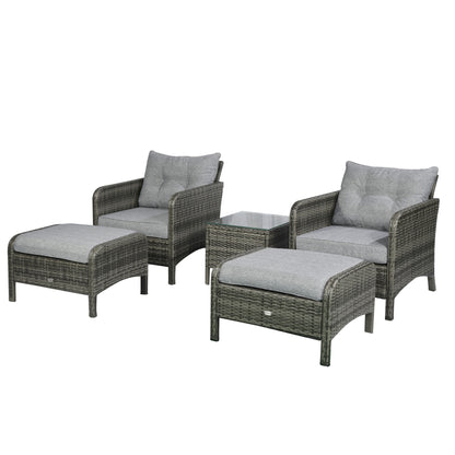 5 Pieces Rattan Wicker Lounge Chair Outdoor Patio Conversation Set with 2 Cushioned Chairs, 2 Ottomans and Tempered Glass Top Coffee Table, Gray/Light Gray