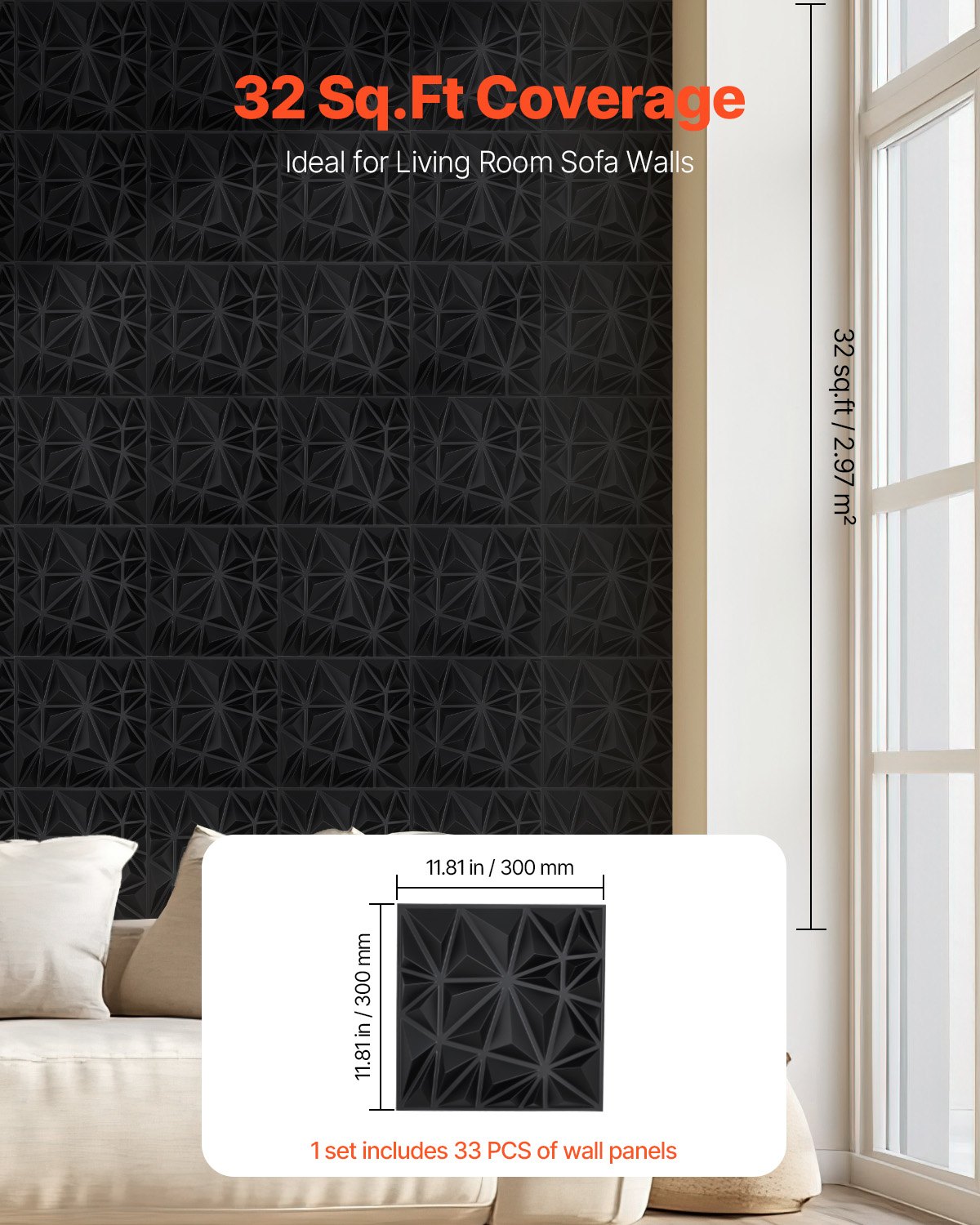 3D Wall Panels, 33-Pack 11.81 X 11.81 In PVC Modern Art Minimalist Diamond Tiles, 32 Sq.Ft Coverage Accent Wall Panel, Interior Home Decor For Ceiling, Bedroom, Living & Gaming Room, Matte Black