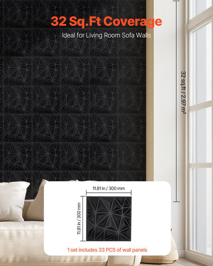 3D Wall Panels, 33-Pack 11.81 X 11.81 In PVC Modern Art Minimalist Diamond Tiles, 32 Sq.Ft Coverage Accent Wall Panel, Interior Home Decor For Ceiling, Bedroom, Living & Gaming Room, Matte Black