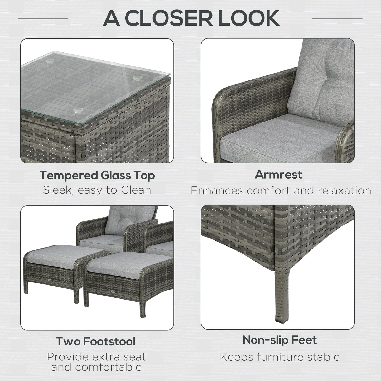 5 Pieces Rattan Wicker Lounge Chair Outdoor Patio Conversation Set with 2 Cushioned Chairs, 2 Ottomans and Tempered Glass Top Coffee Table, Gray/Light Gray
