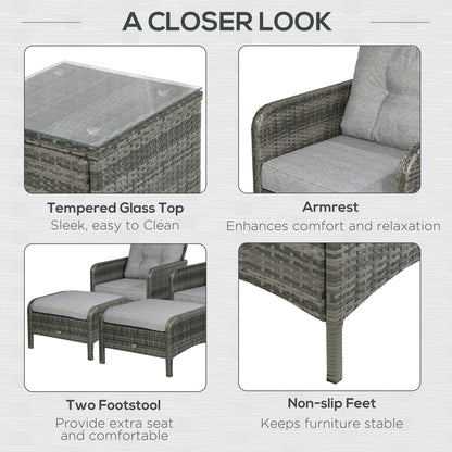 5 Pieces Rattan Wicker Lounge Chair Outdoor Patio Conversation Set with 2 Cushioned Chairs, 2 Ottomans and Tempered Glass Top Coffee Table, Gray/Light Gray