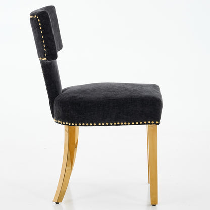 Mid Century Modern Dining Chairs Set Of 2, Farmhouse Chenille Fabric Upholstered Accent Chair Curved Backrest With Copper Nails Around,Kitchen Chairs With Golden Stainless Steel Plating Legs, Black
