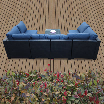 Seven-Piece Sofa Set Table With Sofa Chair Black PE Rattan Outdoor Furniture 7-JH001 Box 3-1-2-3 With Blue Color Cushion