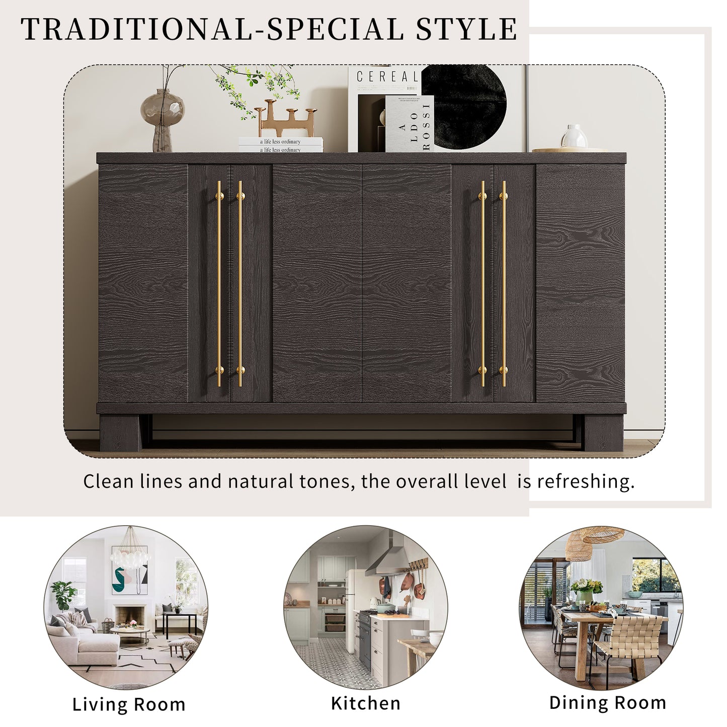 TREXM Sideboard Buffet Cabinet With Storage  Wood Sideboard With Adjustable Shelves And Gold Handles For Kitchen  Dining Room And Living Room  Taupe