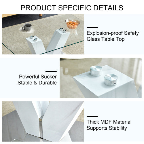 Modern Minimalist Coffee Table. Transparent Tempered Glass Tabletop With Silver MDF Pillars. Suitable For Living Room And Dining Room