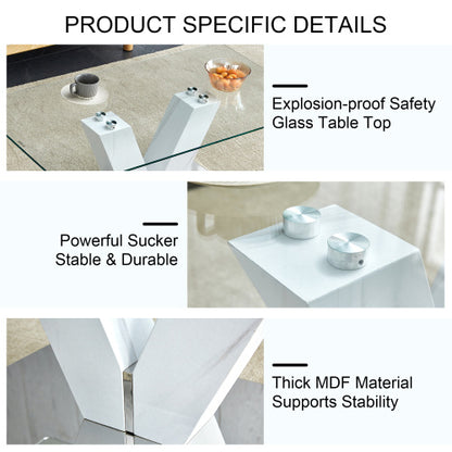 Modern Minimalist Coffee Table. Transparent Tempered Glass Tabletop With Silver MDF Pillars. Suitable For Living Room And Dining Room