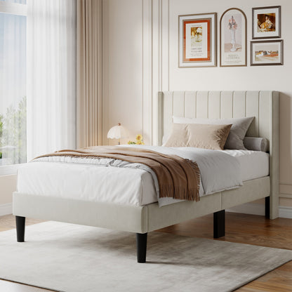Double Bed Frame, Fabric-covered Wing-shaped Headboard And Wooden Crossbars, With A Load Capacity Of 500 Pounds, Without Box Springs