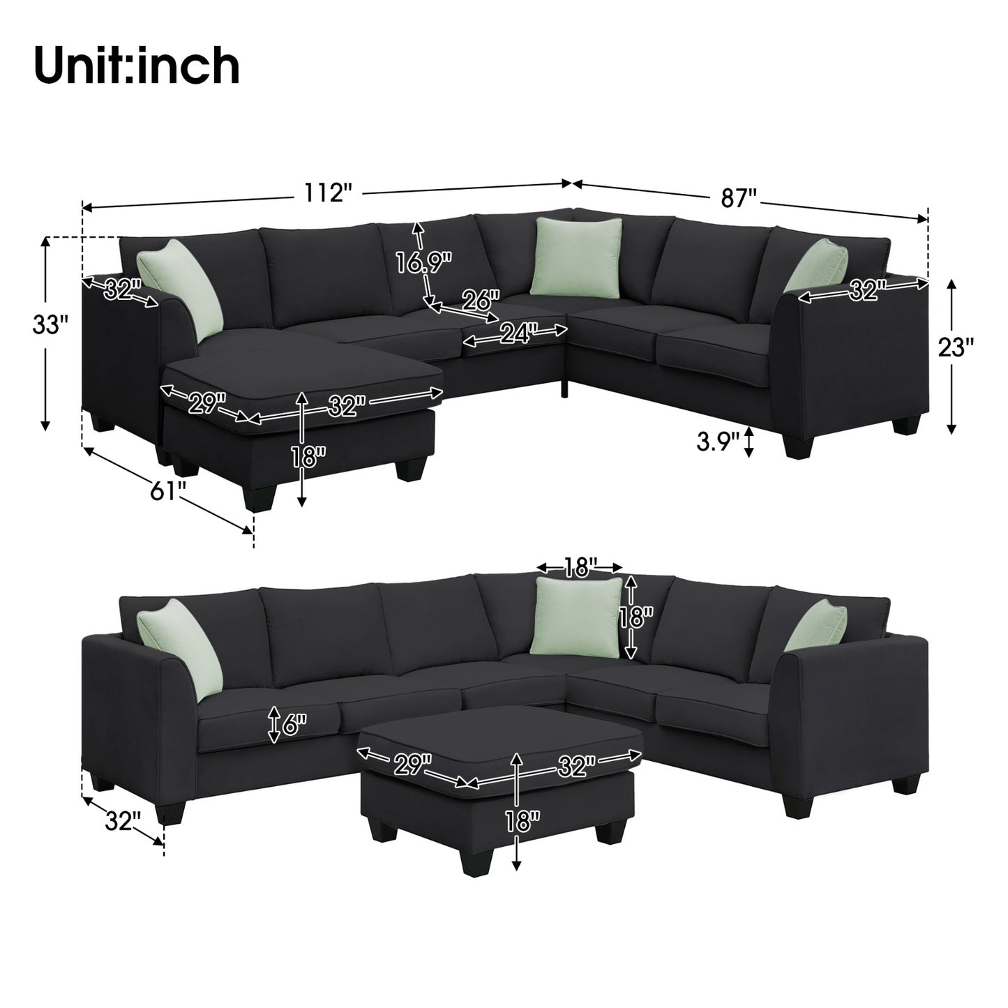 112 87 Sectional Sofa Couches, 7 Seats Modular Living Room Sets