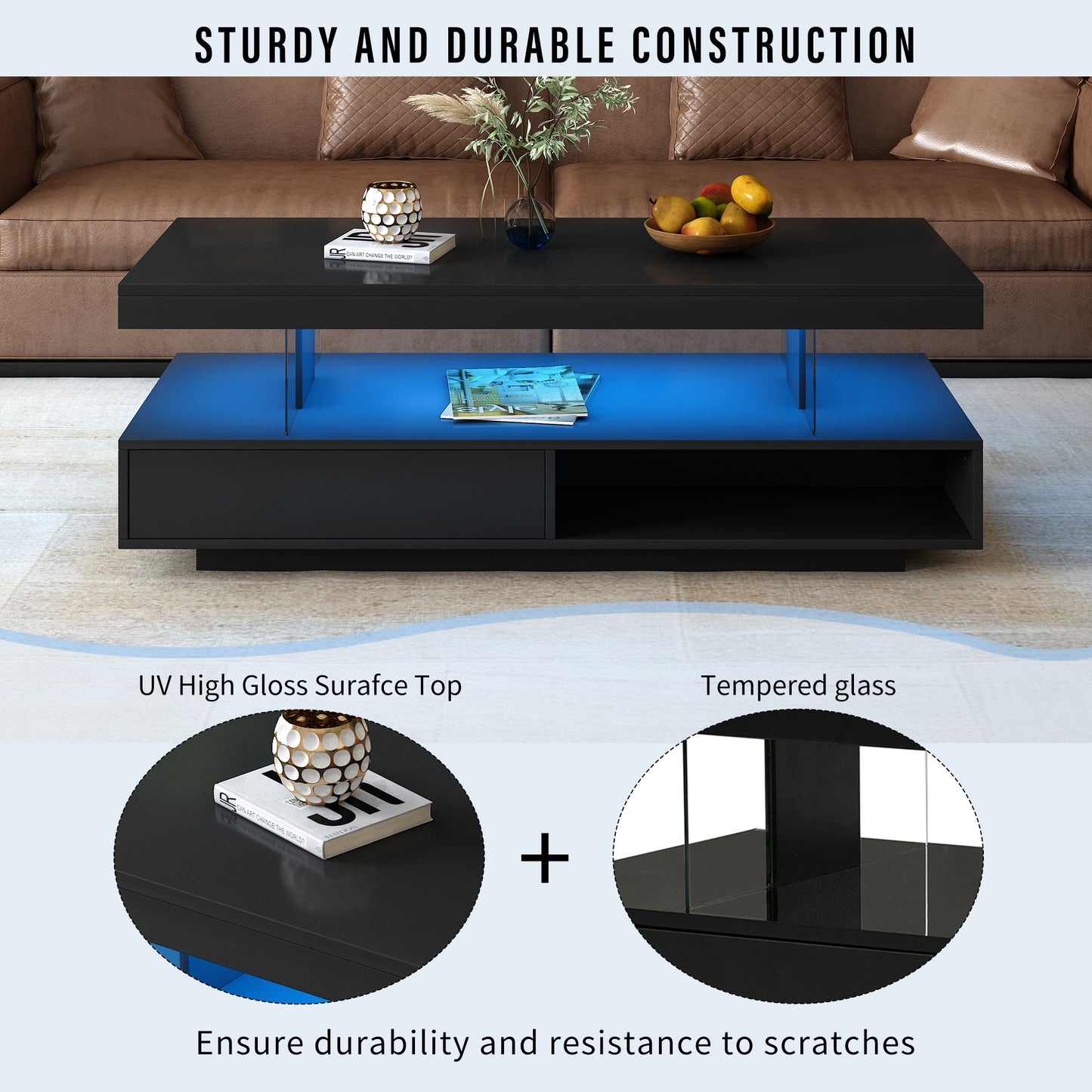 VIBE HAUS LED Coffee Table With Storage, Modern Center Table With 2 Drawers And Display Shelves, Accent Furniture With LED Lights For Living Room,Black