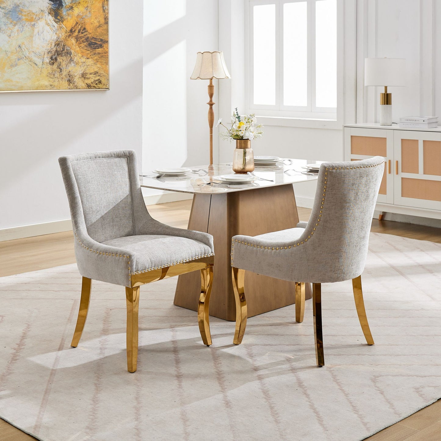 Chenille Dining Chairs, Modern Style With Curved Gold - Plated Legs  Rivet Trim, Upholstered Comfort For Dining  Lounge, Accent Seating With Textured Fabric  One  Piece Structure, Beige,Set Of 2