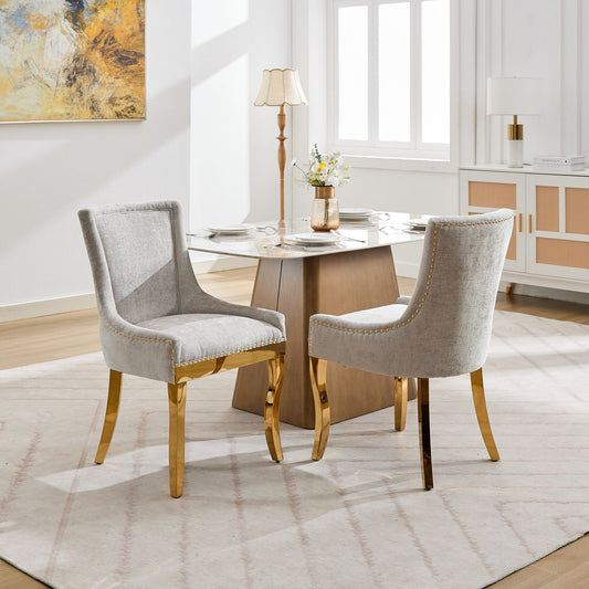 Chenille Dining Chairs, Modern Style With Curved Gold - Plated Legs  Rivet Trim, Upholstered Comfort For Dining  Lounge, Accent Seating With Textured Fabric  One  Piece Structure, Beige,Set Of 2
