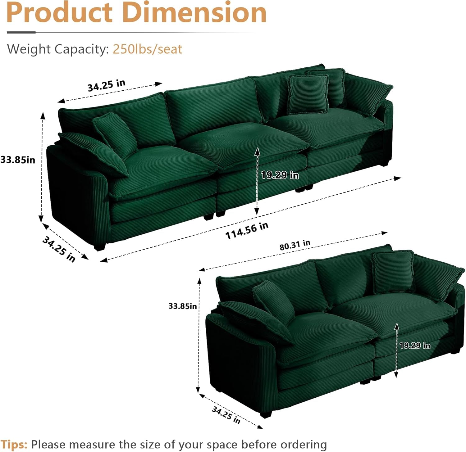 Oversized 2 Piece Sofa Set for Living Room, 3-Seater & Loveseat Couch, Modular Sectional Deep Seat Corduroy Comfy Cloud Couches with 4 Armrest Pillows and 5 Toss Pillows, Green-1