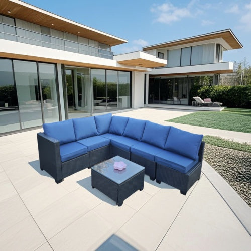 Seven-Piece Sofa Set Table With Sofa Chair Black PE Rattan Outdoor Furniture 7-JH001 Box 3-1-2-3 With Blue Color Cushion