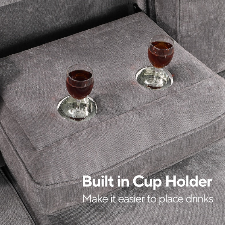 Upholstery Sleeper GREY Sectional Sofa With Storage Space, USB Port, 2 Cup Holders On Back Cushions