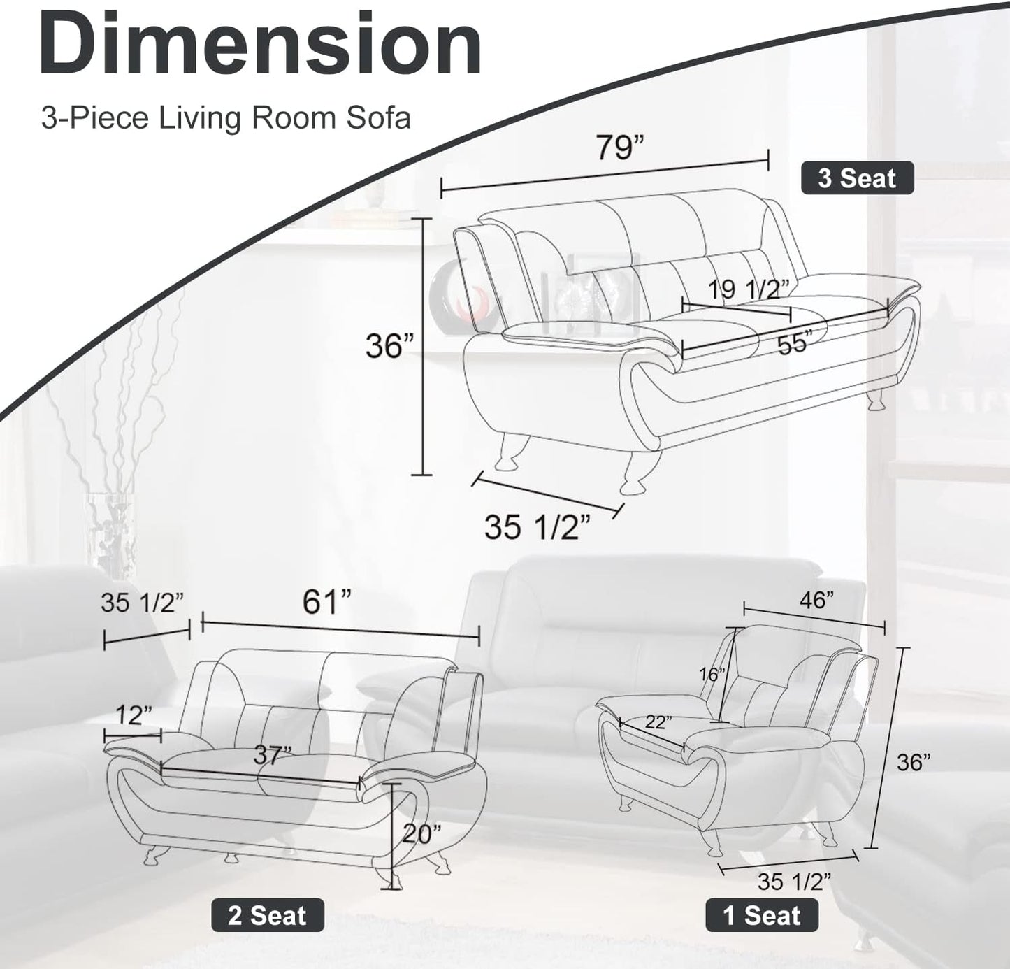 Modern Living Room Furniture Set,Leather Sofa Set for Living Room,Leather Couch Living Room Set for Office (Sofa and Loveseat Set,Black 2)