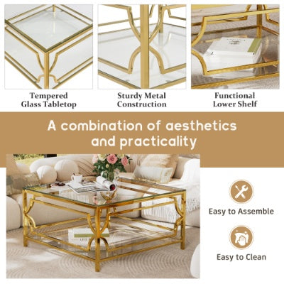 Square Glass Coffee Table In 33.5 ,Luxurious Geometric Metal Frame,Gold Finish  Lower Shelf
